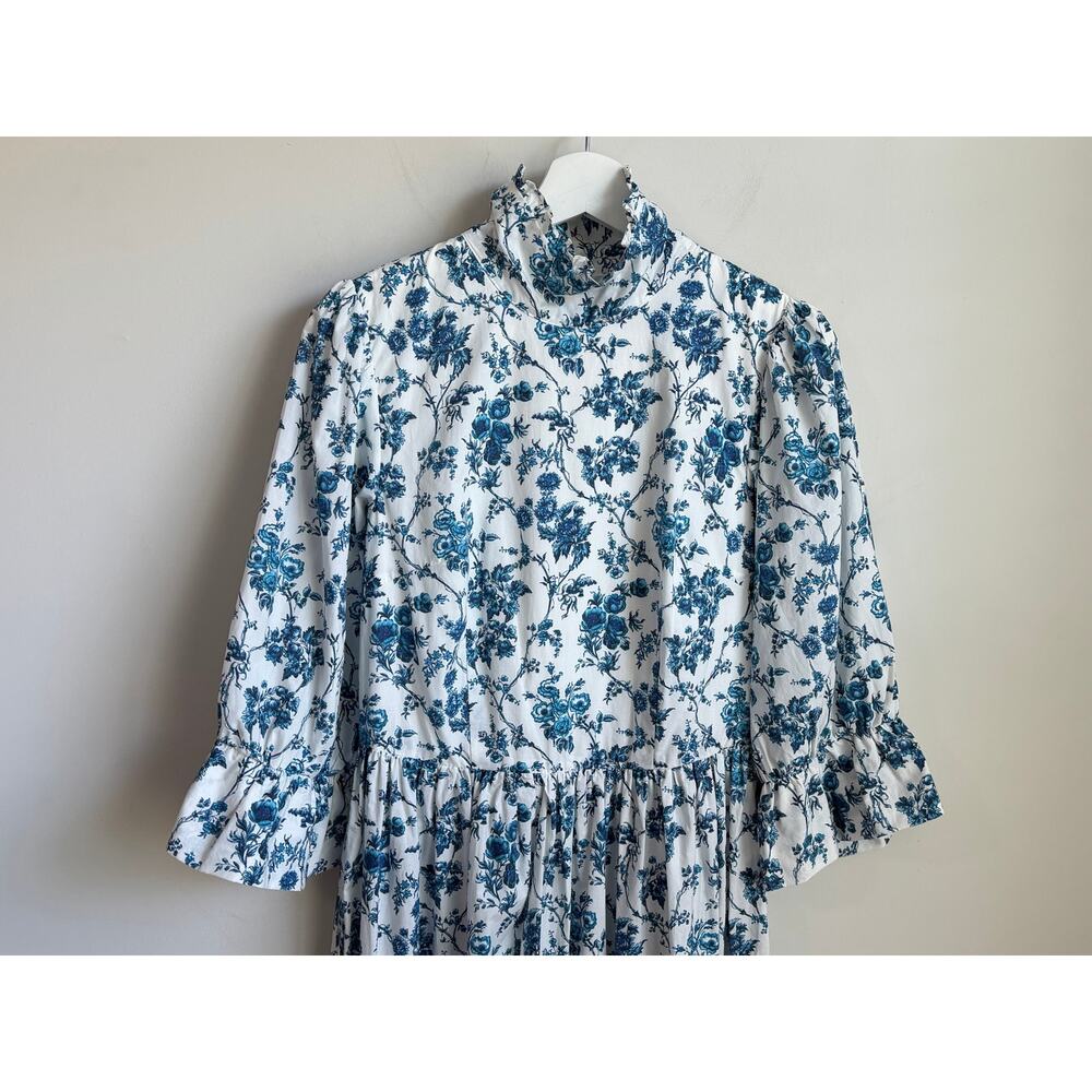 Meadows Clematis 3/4 Sleeve Mock Neck Midi Shirt Dress In Big Blue Floral US 6 - Picture 3 of 10